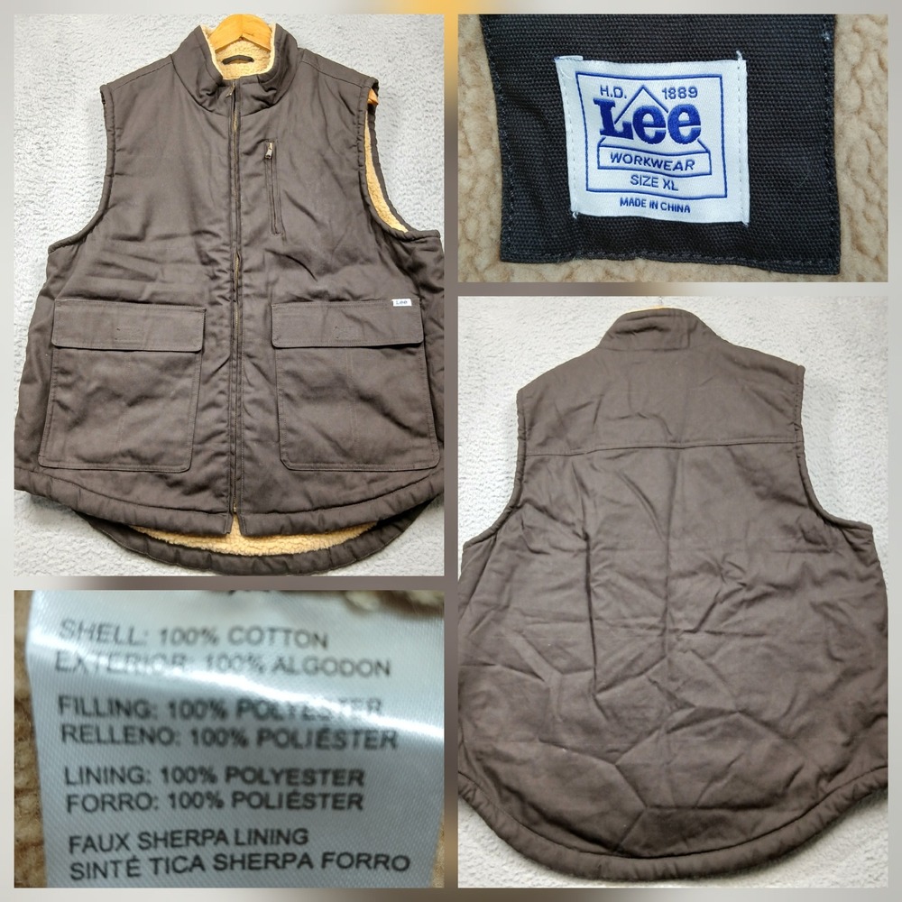 Lee Workwear Vest Men's XL Brown Sherpa‎ Lined Canvas Utility Zip Jacket